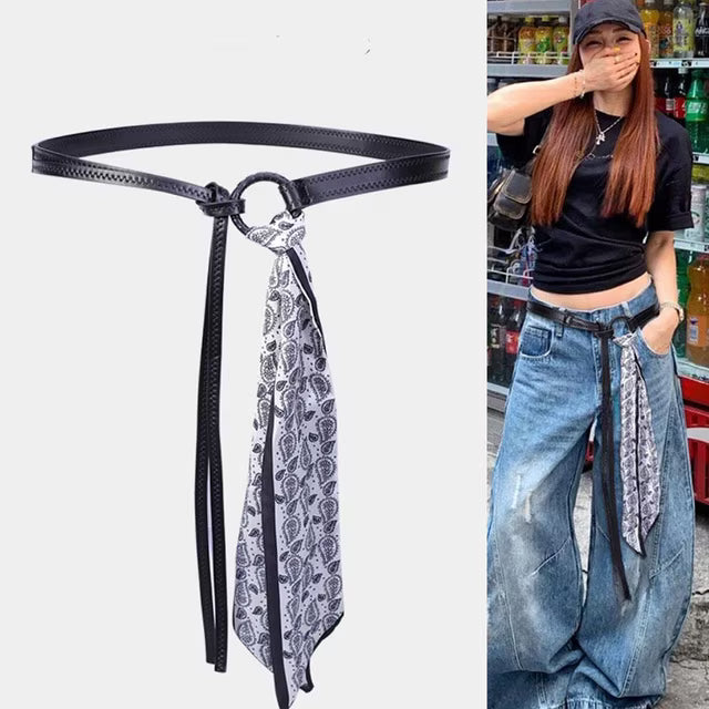 Y2K Punk Scarf Waist Belt – Retro PU Leather Tie-Up Hip Belt